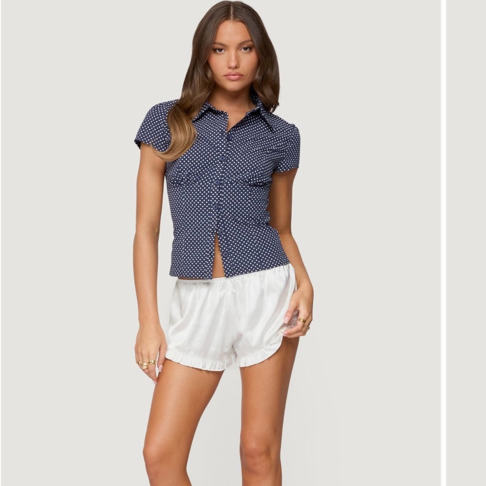 Edikted Navy Polka Dot Button-Down Shirt